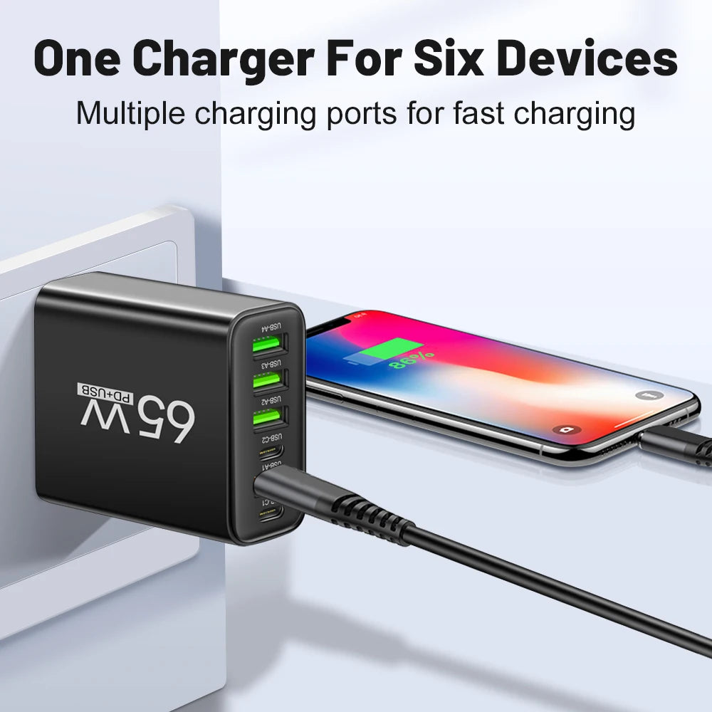 65W 6-in-1, 4 USB-2 Type-C Quick Charging Fast Wall Charger For iPhone Samsung Motorola Huawei Mobile Phone Adapter