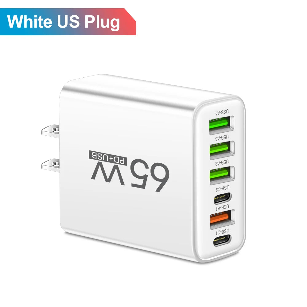 65W 6-in-1, 4 USB-2 Type-C Quick Charging Fast Wall Charger For iPhone Samsung Motorola Huawei Mobile Phone Adapter