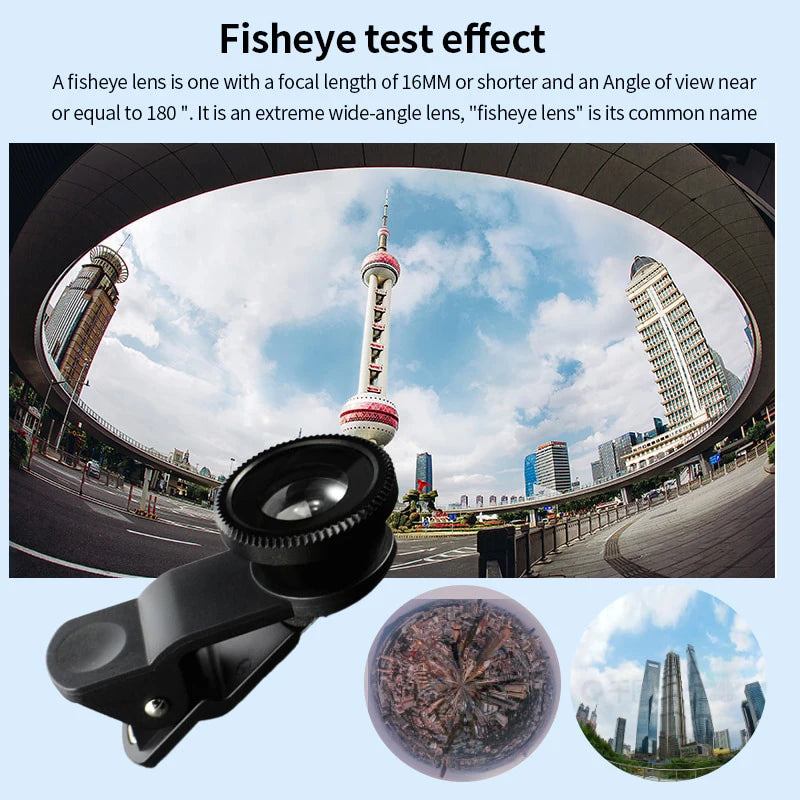 3-in-1 Fisheye Wide Angle Micro Camera Lens for iPhone Samsung Motorola with Phone Clip