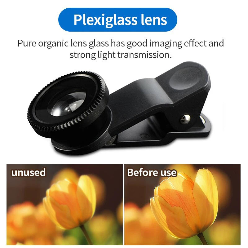 3-in-1 Fisheye Wide Angle Micro Camera Lens for iPhone Samsung Motorola with Phone Clip