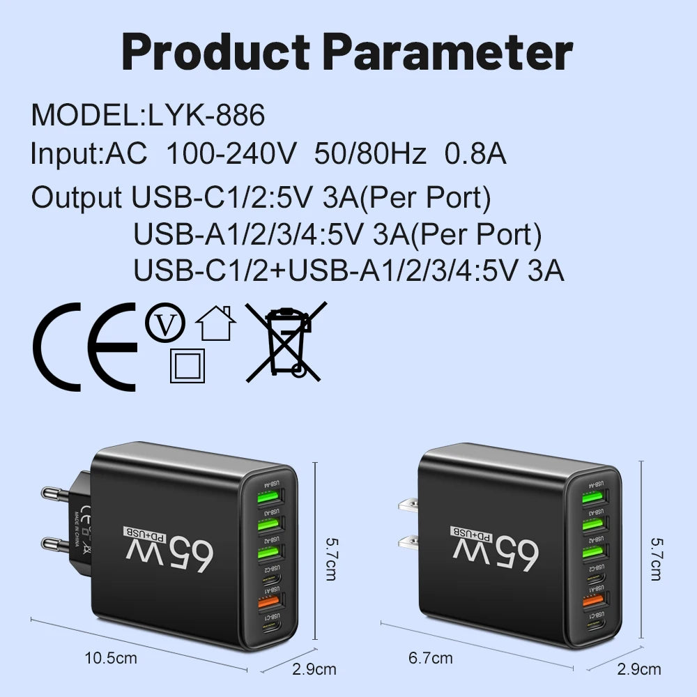 65W 6-in-1, 4 USB-2 Type-C Quick Charging Fast Wall Charger For iPhone Samsung Motorola Huawei Mobile Phone Adapter