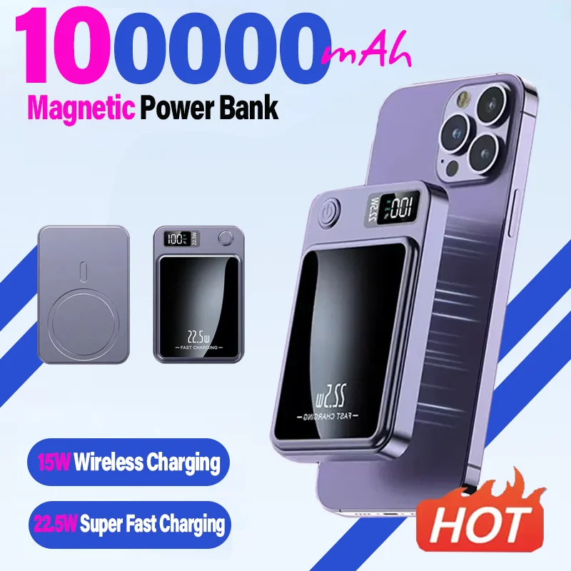 100,000mAH Power Bank Magnetic Wireless 22.5W, Ultra Capacity Super Fast Charger For Iphone15, Samsung, Motorola