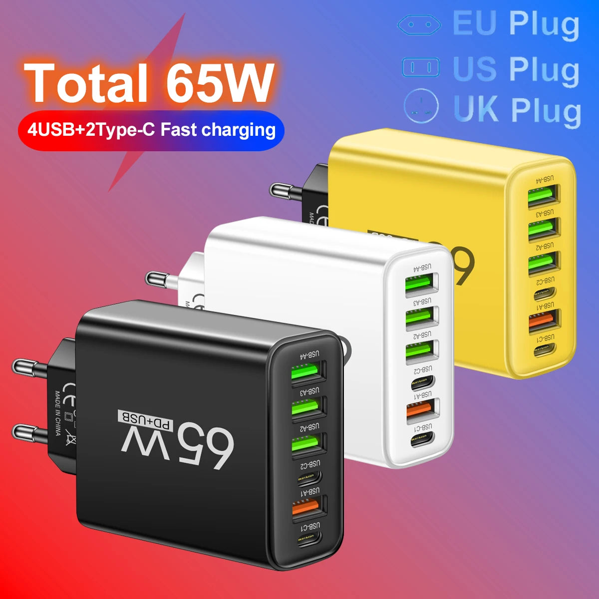 65W 6-in-1, 4 USB-2 Type-C Quick Charging Fast Wall Charger For iPhone Samsung Motorola Huawei Mobile Phone Adapter