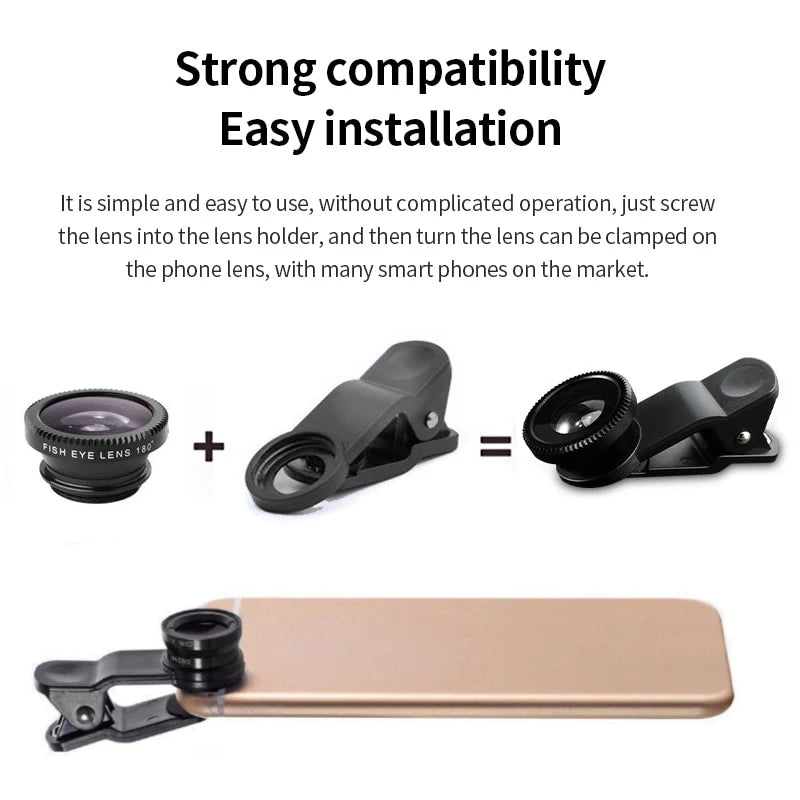 3-in-1 Fisheye Wide Angle Micro Camera Lens for iPhone Samsung Motorola with Phone Clip