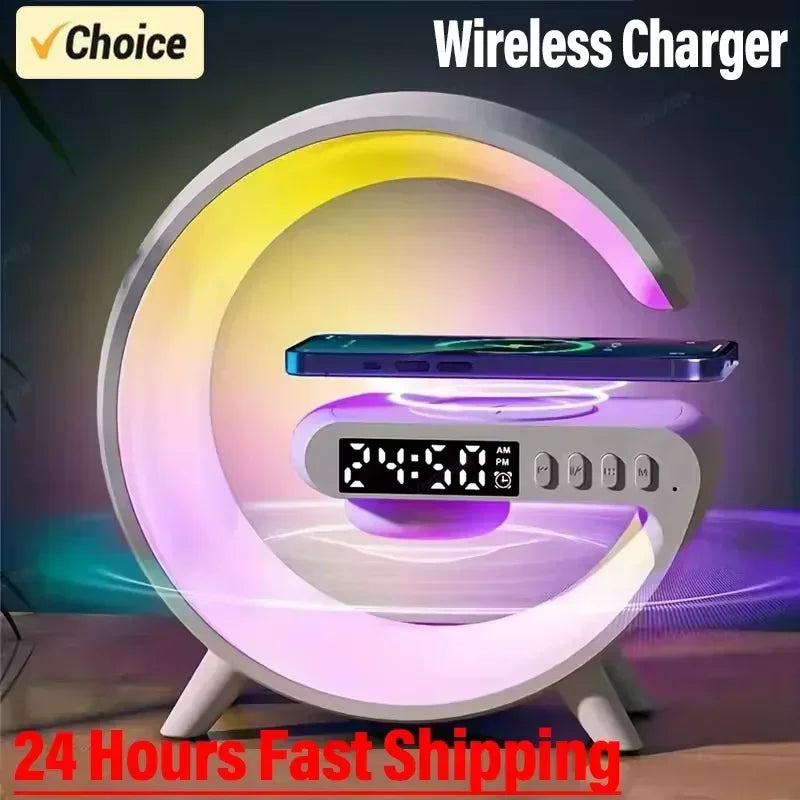 4 In 1 Wireless Fast Charger Lamp With  Bluetooth Speaker and Alarm for Iphone, Samsung